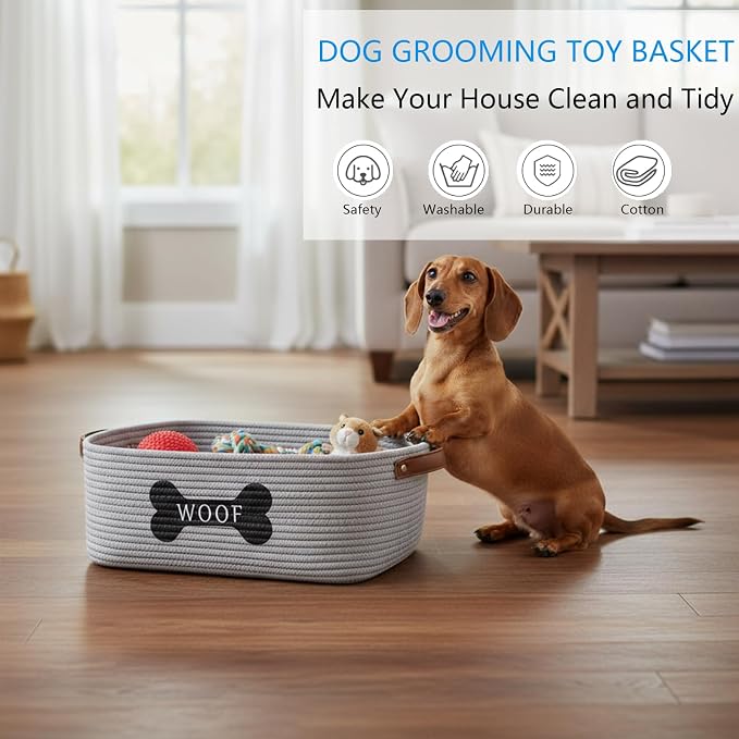 Morezi Cotton rope dog toy basket with handle, large dog bin, puppy kitty bed, dog toy basket - Perfect for carry pet toys, blankets, leashes, chew toys, diapers - Gray