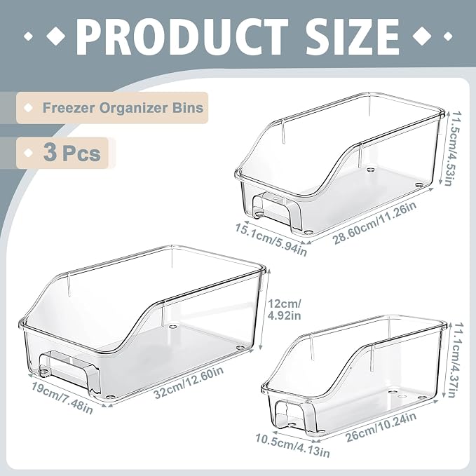 LemonRoad 3 Packs Pantry Organizers and Storage Freezer Clear Organizer Bins with Handle Acrylic Organization Bins Stackable Open Front Storage Vegetable Egg Salad Containers for Kitchen Cabinet