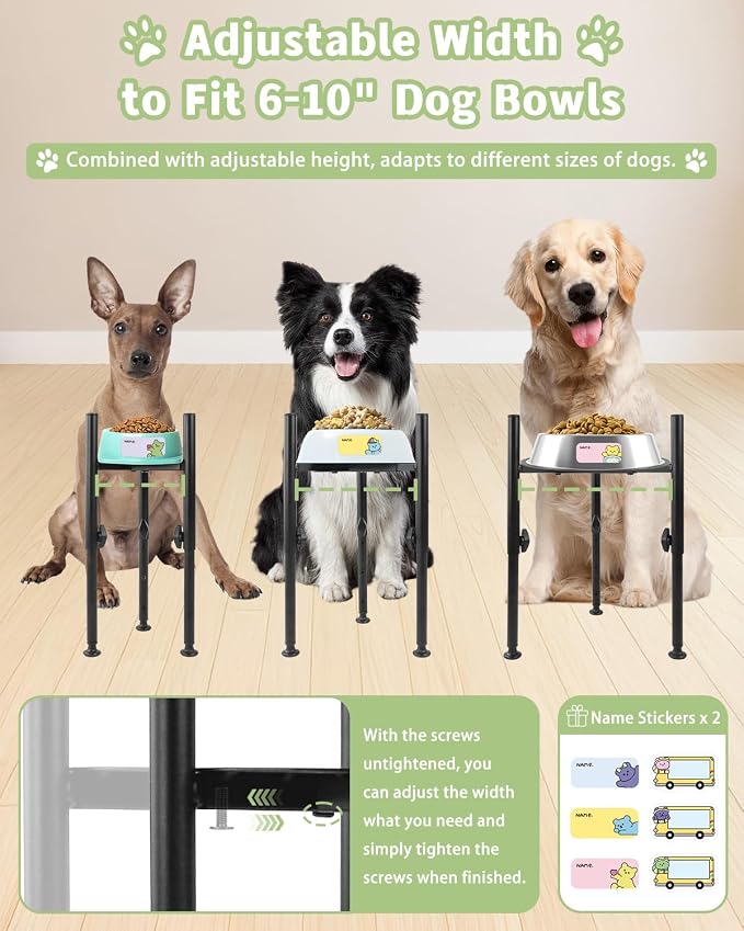 Adjustable Single Raised Dog Food Bowl Stand with 2 Name Stickers | Elevated Dish Holder Fits 6-10inch Wide Dog Bowls, 4 Height Levels for Food and Water, Puppy Medium and Large Breeds