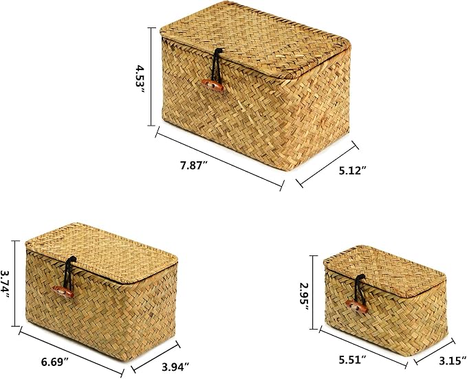 FEILANDUO Mini Wicker Shelf Storage Baskets with Lid, Set of 3, (S/M/L) | Handwoven Seagrass Small Decorative Boxes, Desktop Makeup Organizer, Multipurpose Container