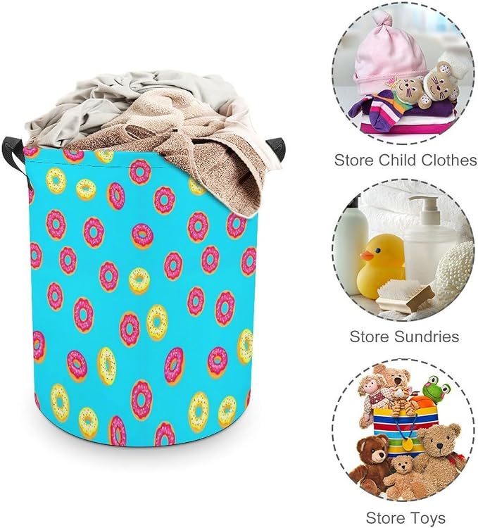 Foldable Waterproof Laundry Basket Donut Food Pattern, Portable Hamper with Handles for Clothes, Toy, and Bedroom Organization