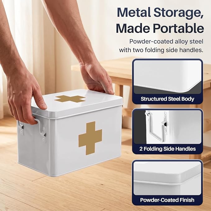 Flexzion Large Metal First Aid Box Empty, 13-Inch, White with Gold Cross | Vintage Medicine Box and First Aid Storage Organizer with Removable Tray and Dividers; Empty Box Only, Supplies Not Included