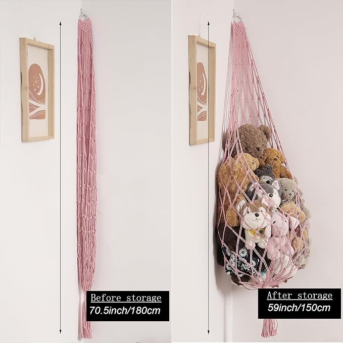 Amdermi Stuffed Animal Hammock Corner Hanging Net for Stuff Animal Storage Macrame Plush Toy Holder-Perfect for Tiny Space Walls-Kid Bedroom Decor Nursery Playroom Organizer (Light Pink XL)