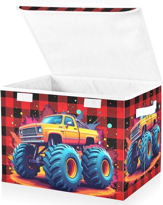 Spatter Trunk Fabric Storage Bins with Lid Closet Storage Basket 40L | Decorative Storage Boxes, Dust-Proof Flip Top, Reinforced Handles, For Home & Bedroom, Clothes & Toy Box, Trunk Fabric Print