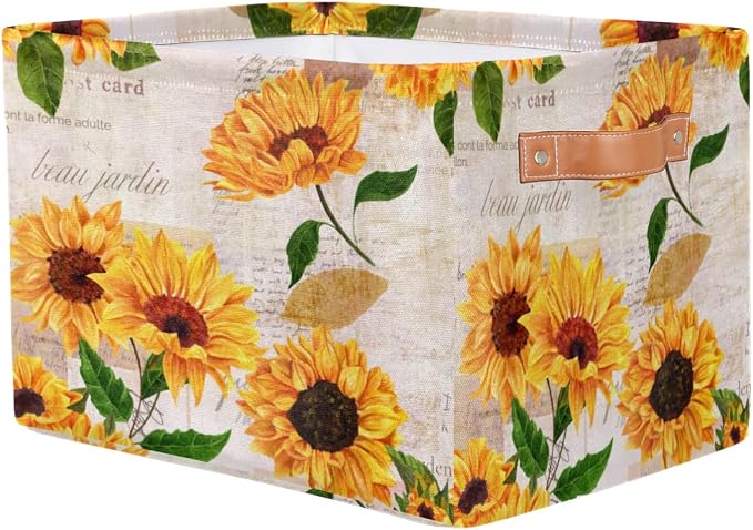Storage Basket Flower Floral Sunflower, Large Foldable Organizer Storage Bins for Shelves, Sturdy Canvas Cubes Storage Boxes with Handles for Toys Closet Nursery Office Living Room 15" x 11" x 9.5"