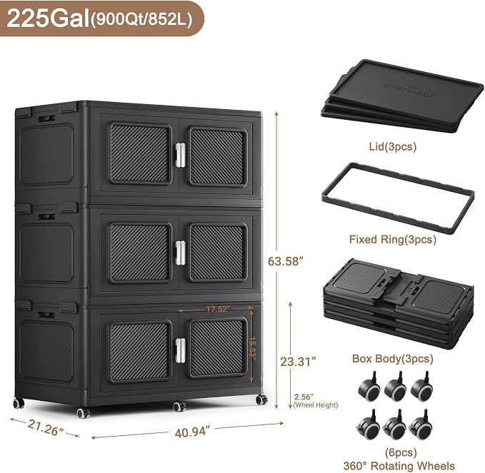 BROVIEW 900 Qt Extra Large Stackable Storage Bin with Lids, 3 Pack Black | 225Gal Extra Large, Collapsible Storage Boxes with 3 Lids, Folding& Rolling Plastic Drawer, Heavy-Duty Cabinet Organization