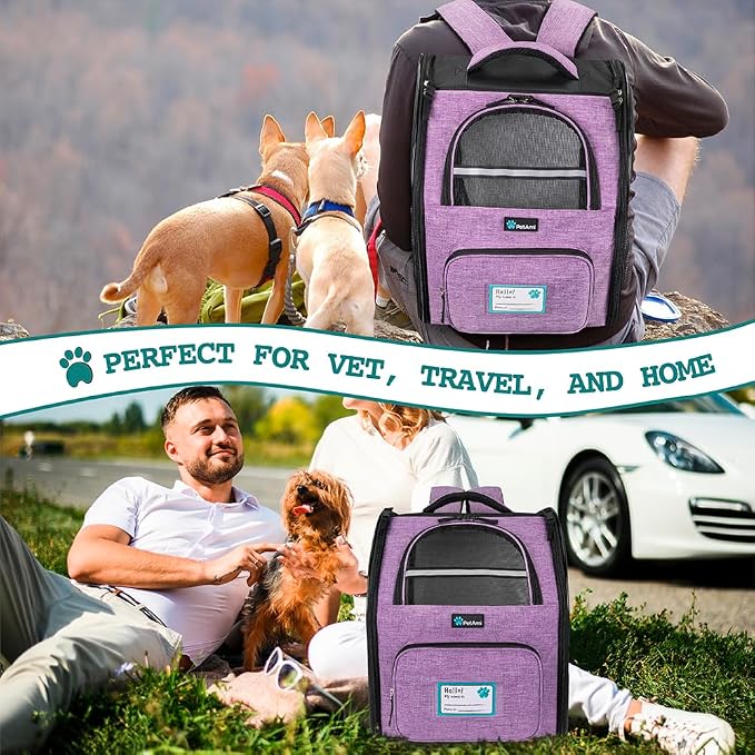 PetAmi Dog Backpack Carrier Airline Approved Cat Pet Puppy Bag, Purple | Ideal for Small Medium Large Pet up to 18 lb, 2 Side Entry Structured No-Collapse Frame, Ventilated Bookbag for Hiking Travel
