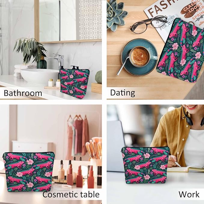 Lizard Cosmetic Travel Bag For Toiletries, Tropical Animal Floral Lizard Makeup Bag Toiletry Bags For Women, Flax Cosmetic Bags Make Up Bag Purse Toiletries Bag Birthday Gift