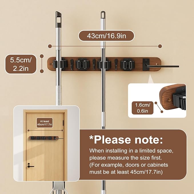 Broom Holder Wall Mount With Vacuum Cleaner Holder,Wood Broom Hangers For Wall，Broom And Mop Organizer Wall Hanging For Laundry Room ，Broom Organizer Wall Mount For Home Garage Kitchen (Black)