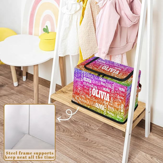 Personalized Storage Basket with Name, Rectangle Toys Storage Bin with Handles Zipper Lid for Girls, Collapsible Basket for Clothes, Books, Bright Colorful Rainbow Red Green Purple Sequins Glitter