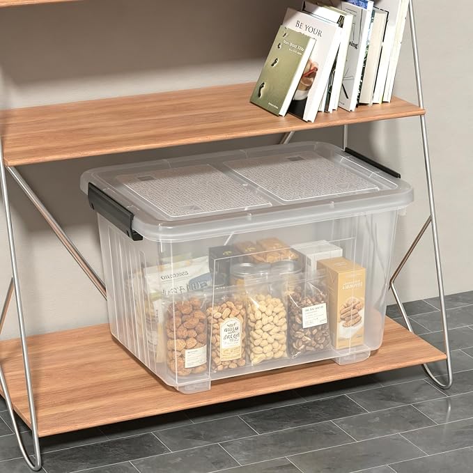 50 L Plastic Lidded Storage Bin, 4 Pack Clear Latching Storage Box | with 4 Bottom Wheels and 2 Buckle Latches, Stable Stacking