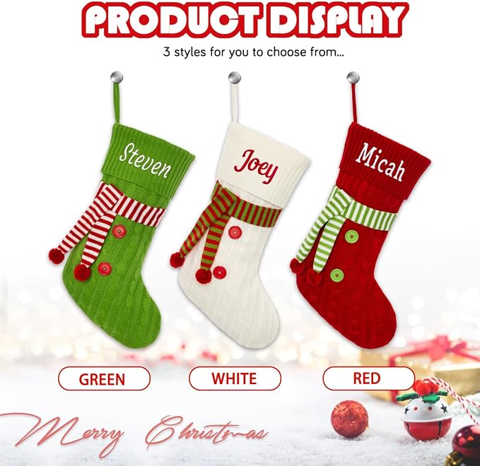 Personalized Christmas Stockings, Custom Name Knit Scarf Christmas Stockings for Kids, 18" Large Xmas Stockings Hanging Ornament for Holiday Fireplace Decoration (1 Pcs)