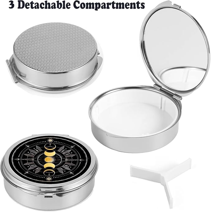 Small Pill Box 3 Detachable Compartments Pill Case with Mirror 2.4inches Pocket Round Medicine Organizer, Mini Portable Pill Organizer for Pocket Purse& Travel Convenience-Nebula Moon Phase