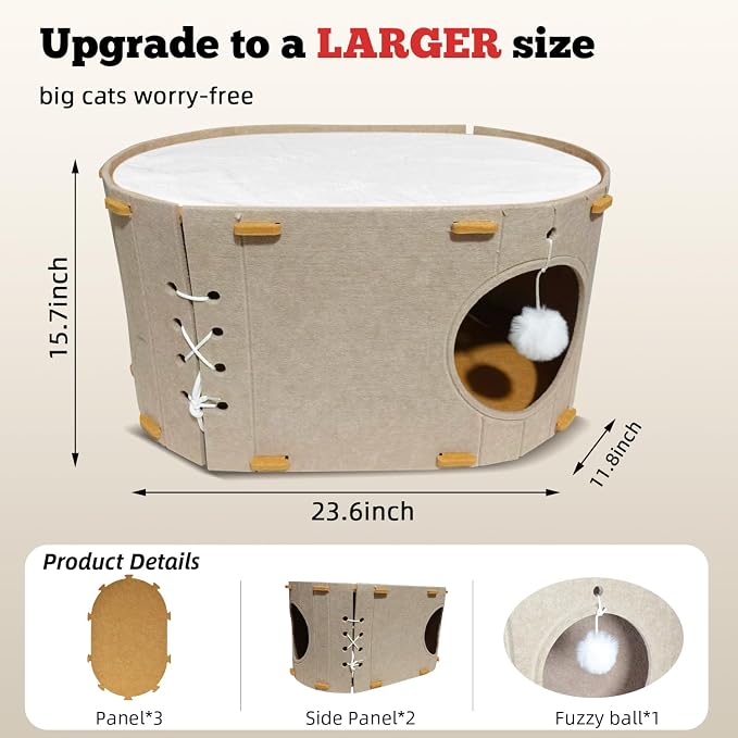 Cat House for Indoor Cats - Foldable Cat Bed Cave with Scratch-Resistant Felt Cats Tunnel Bed Condo & Hanging Fluffy Ball | Cozy Spacious Hideaway for Multi-Cats| Durable & Easy to Store, Cream