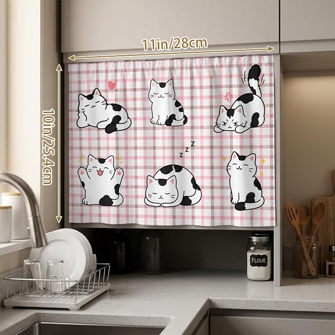 Cute Cat Small Sink Skirt 10"Wx11"L, Dustproof Under Sink Curtain with Self Adhesive Tape, Modern Playful Pet Cats Pink Brown Plaid Cabinet Curtain Cover for Bathroom Vanity, Kitchen Storage Shelf, RV