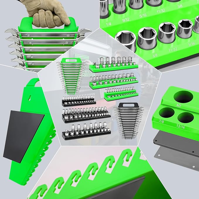 8 Piece Magnetic Socket Organizer Set, 1/4", 3/8", 1/2" Drive Metric and SAE Socket Holder Trays, Socket Organizer for Tool Box Drawer, Garage, Workbench and Mechanic Cart, Black and Green