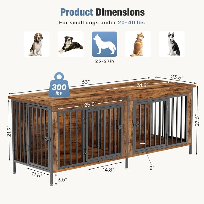 DUMOS 63" Dog Crate Furniture for 2 Dogs with Divider, Rustic Brown | Wooden Dog Kennel Furniture, Medium Breed Center Divider and Double Doors, Heavy Duty Indoor Dog Cage, TV Stand, Side Table