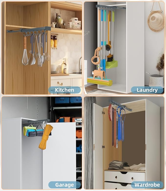 Pull Out Broom Holder With Adjustable Double Row Sliding Hook -Grey 14.17in | High Load Capacity, Multifunctional Slide Broom And Mop Storage/Garage Organization Hooks, for Closet Laundry, kitchens