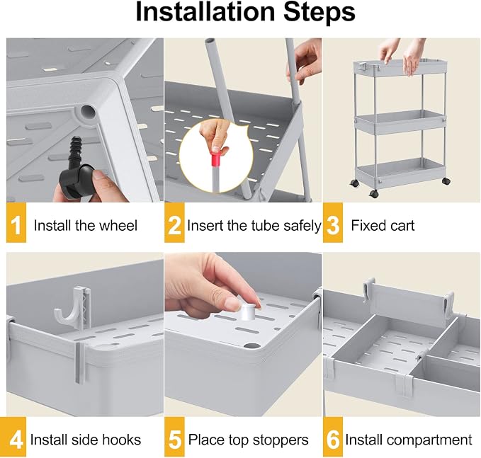 3 Tier Rolling Cart with Wheels, Storage Craft Art Trolley Organizer Serving, 3 Hanging Baskets Easy Assembly, for Office, Living Room, Kitchen, Gray