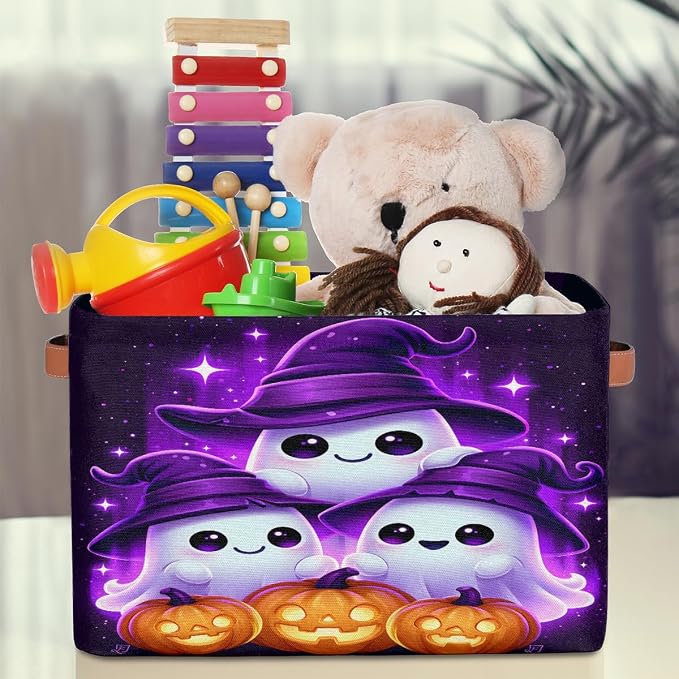 Halloween Basket Storage Bins Rectangle Canvas Basket Cube Storage Box | Nursery Foldable Basket with Handle for Kids Girls Boys Toys Living Room Closet Organizer Shelf Gifts Spooky Decor (261)