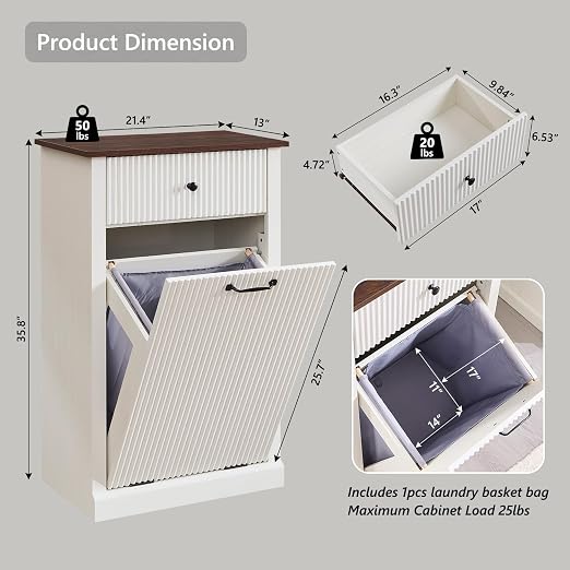 IFGET Tilt-Out Trash Can Cabinet, Laundry Hamper Cabinet, Antique White