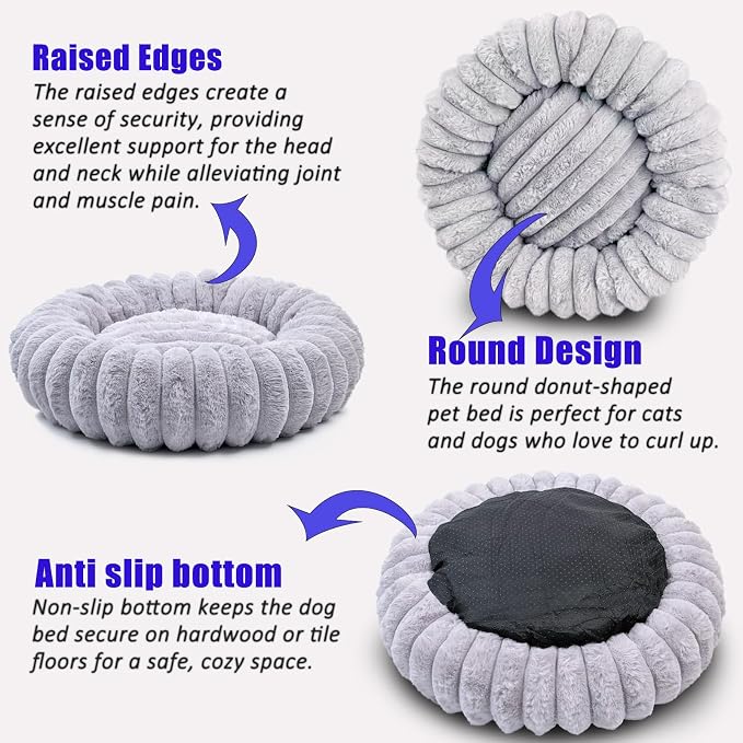 Tiny Donut Pet Bed, 16 Inch Round Calming Bed for Puppies & Kittens, Soft Cozy for Indoor Cats & Extra Small Dogs, Anti-Slip Bottom, Washable, Light Gray