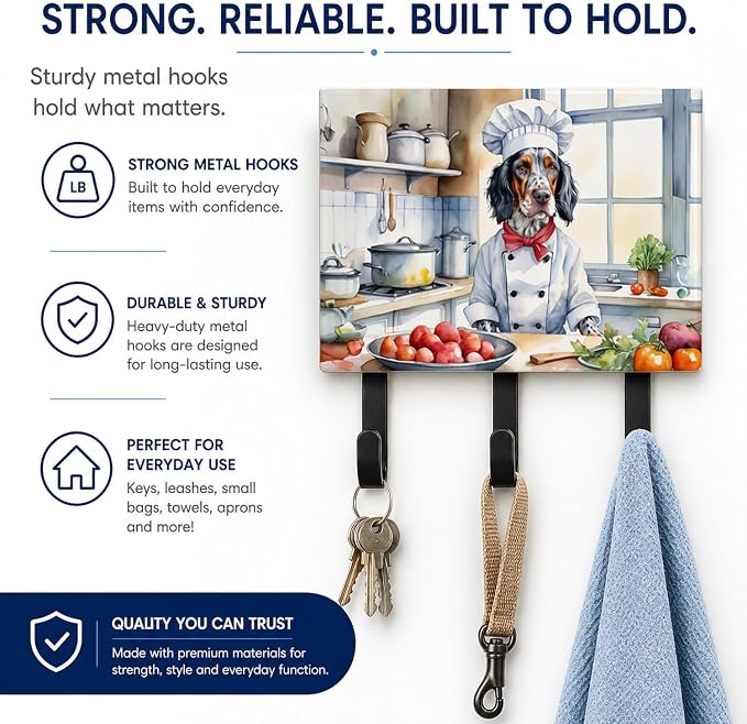 Caroline's Treasures English Setter The Chef Leash or Key Holder Wall Hooks, Key Hooks Holder, Coat Rack Wall Mount, Coat Hooks, Hooks for Hanging Keys, Towels, Aprons, Leashes | English Setter The Chef artwork on ceramic tile with three steel hooks fo...