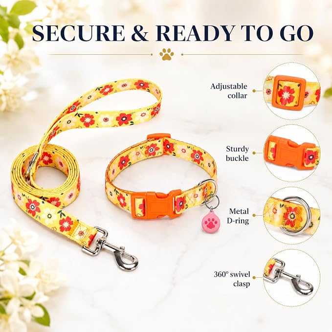 Floral Matching Dog Collar and Leash Set with AirTag Holder-Orange Daisy/S | Anti-Lost,Adjustable Durable Pet Collar Leash Combo for Small Boy Girl Dogs,for Outdoor Walking Hiking Training Running