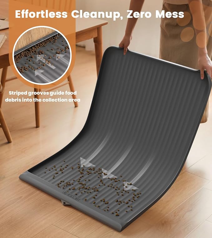 Dog Food Mat 36"x24", Waterproof Dog Bowl Mat, Grey | Raised Edges Prevent Spills, Diversion Grooves, Waterproof Surface, Non-slip Backing, Easy to Clean