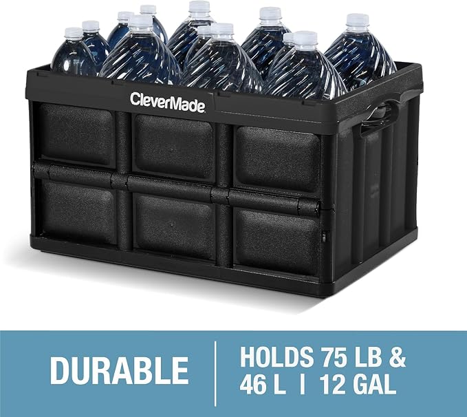 CleverMade Collapsible Storage Bins, 46L, 3 Pack Foldable Storage, Ocean | Carry Groceries, Tools, and Gear Without Bulky Totes | Each Bin Holds 75 lb, Stacks Securely, and Folds to 2.75 Inches