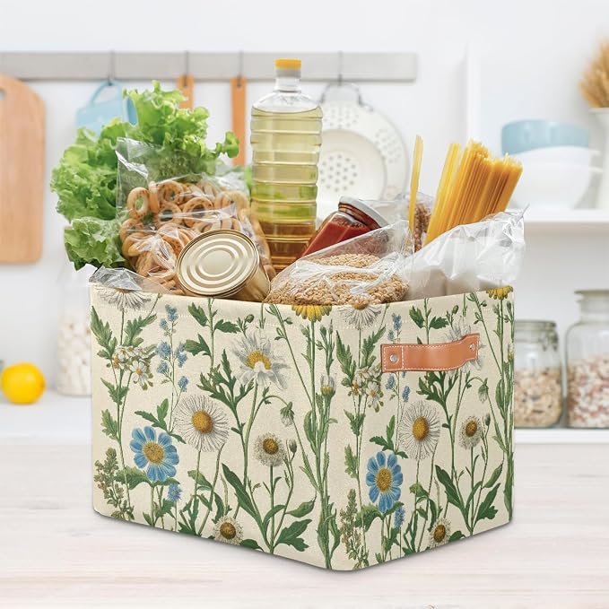 Fabric Storage Basket with Handles, Vintage Daisy Storage Cube Box Collapsible Toy Basket Organizer Bin for Shelf Closet Bedroom Home Office