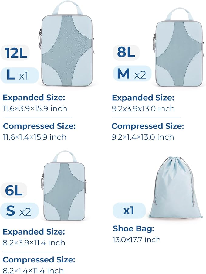 Bagsmart Compression Packing Cubes, Travel Bag Cruise Ship Essentials | Lightweight, Compressible Suitcase Organizer Set fit Standard Carry-On & Checked Luggage, 6 Set, 14 Set Washable Packing Bags