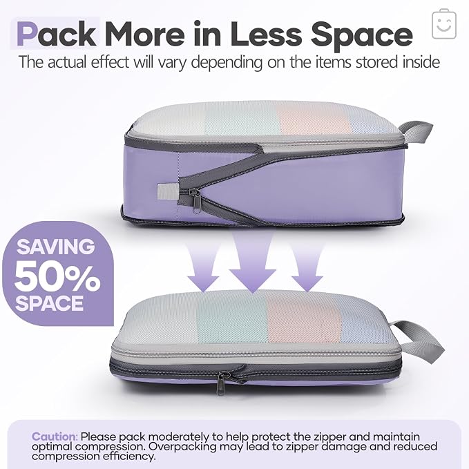 Veken 11 Set Compression Packing Cubes Garment Bags for Travel Essentials,Compressible Expandable Luggage Organizer Bags for Clothing,Space Saver Bags with Over 1000 pcs of Mesh Holes(Purple Gray)
