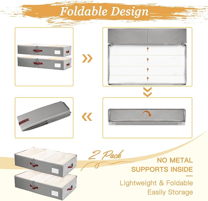 Under Bed Storage Bins with Clear PVC Lids – 2 Pack Large Underbed Organizers with Heavy-Duty Handles, Reinforced with 800G PP Panels & 80G Non-Woven Fabric – Waterproof & Foldable, Gery