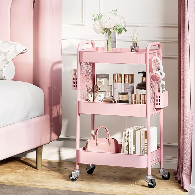 TOOLF 3 Tier Rolling Cart Storage Organizer, Metal Rolling Utility Cart with Wheels, Hooks & Bins Esthetician Craft Art Sturdy Storage with Pegboard for Bathroom, Kitchen, Office, Nursery Diaper