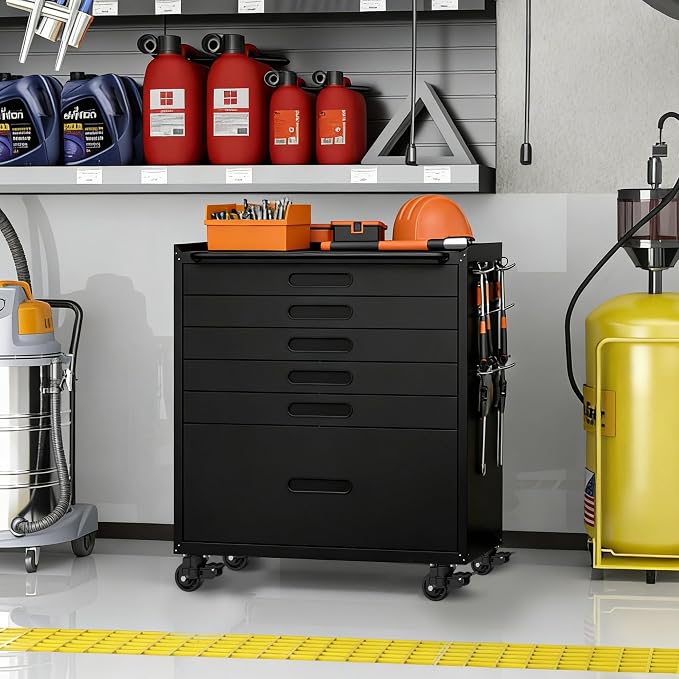 Metal Storage Cabinet for Garage, Tool Cabinet, Utility Cabinet | Wheeled, Rolling Tool Cabinet, 6 Drawers, Top Countertop, Pegboard, Assembly Required, Black