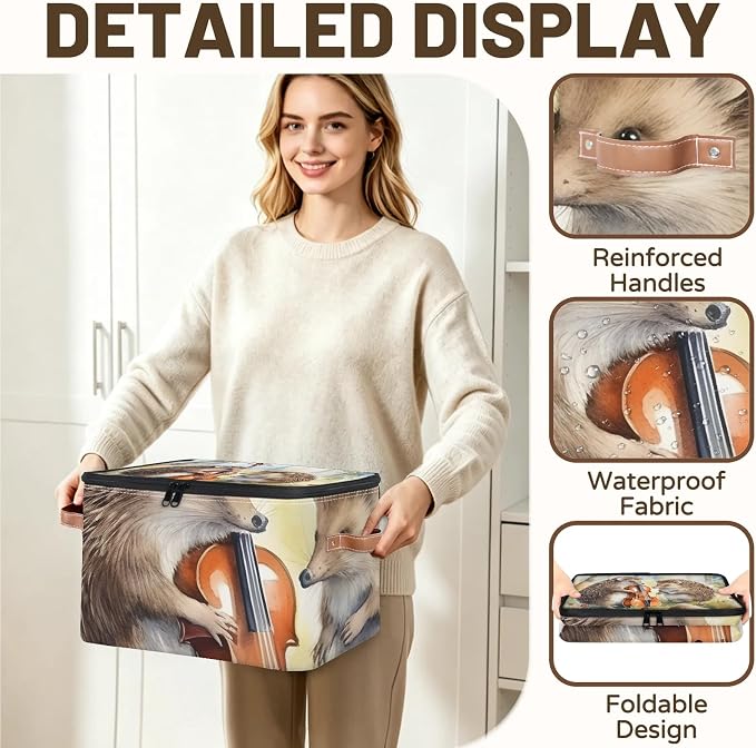 Hedgehog Jungle Animal Foldable Storage Bin with Lid Zipper | Closet Shelf Organizer, Boxes, Basket Containers for Home, Lidded Storage Cube for Bedroom, Waterproof, with Handles