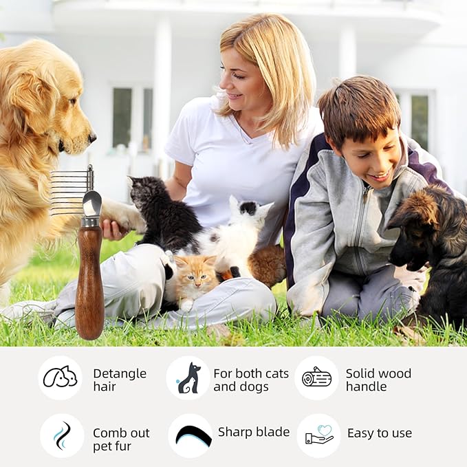 Dog Dematting Comb with Wooden Handle Stainless Steel Safety Blades Dog Dematting Fur Rake Brush Pet Grooming Tool for Long Haired Dogs&Cats Remove Loose Hair Undercoat Mats Knots Tangles