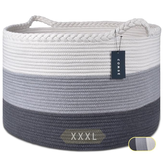 COMSE Large Woven Blanket & Laundry Basket, 87L, White & Gray | 21.7" x 13.8", Cotton Rope, Nursery Hamper for Storage of Toys Clothes Towels, Ideal for Living Room Bedroom Bathroom