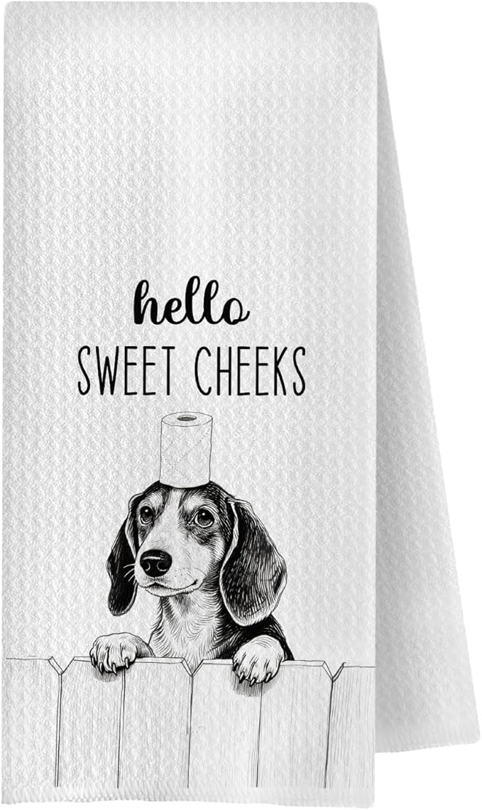 Farmhouse Funny Dachshund Dog Hand Towels, Hello Sweet Cheeks Bathroom Decor, Weiner Dog Lover Gifts Decorative Hand Towels for Bathroom Washroom Restroom, 16x24 Inch