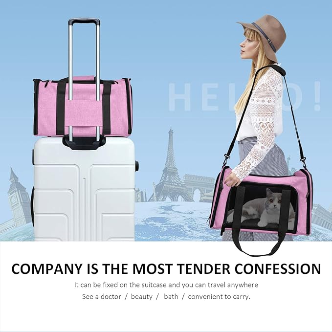 Henkelion Pet Carrier for Small Medium Cats Dogs Puppies up to 15 Lbs, TSA Airline Approved, Soft Sided, Collapsible Travel - Pink (Pack of 2)