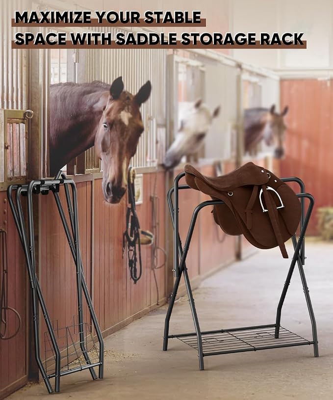 Queension Foldable Saddle Rack with Bottom Storage for Horse Stable, Black | Portable Horse Saddle Stand for English & Western Saddles, Saddle Pad Rack for Horse tack, Horses Blanket