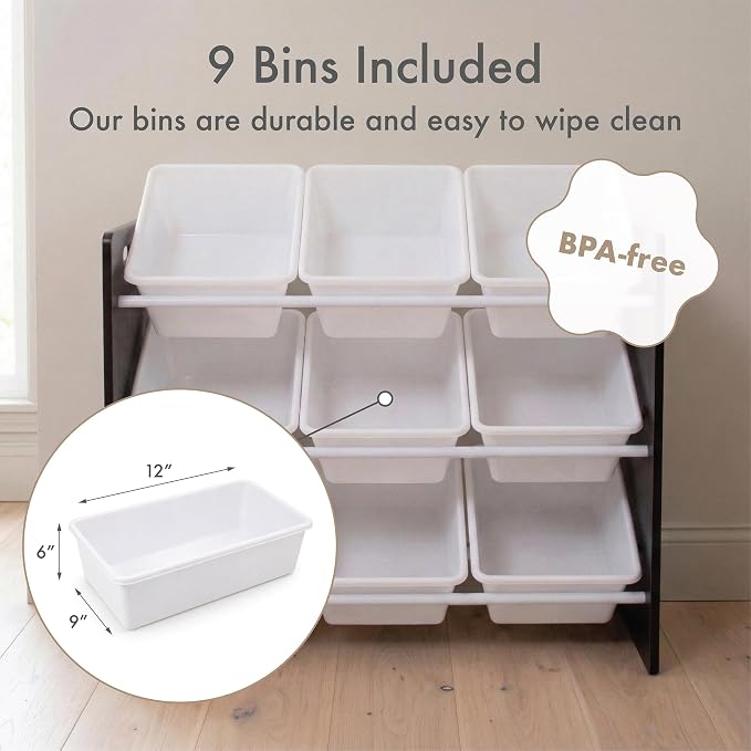 Humble Crew Toy Storage Organizer with 9 Removable Storage Bins for Kids Playroom, 3-Tier Toddler Toy Organization and Storage, Espresso/White
