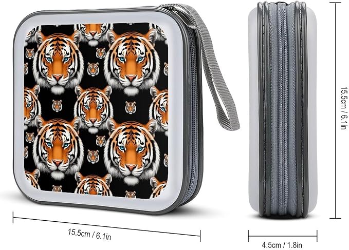 Protective 40-Capacity CD Organizer White Tiger, Hard Case Storage Binder with Zipper, Portable Wallet for Car Home Office