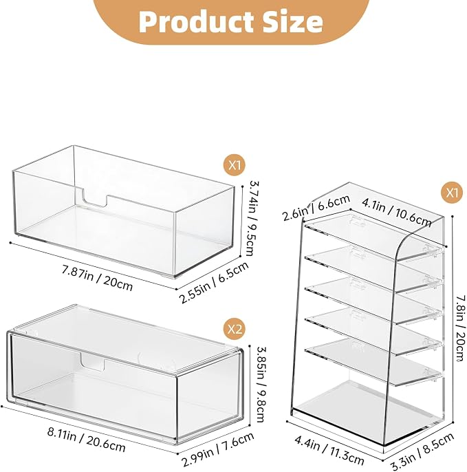 Stackable Medicine Cabinet Organizer for Bathroom, 4 Pack | Layers to Save Space, Clear Drawers, Smooth Pull-Out, Non-Slip & Place Stably, Fits Lipsticks, Cotton Swabs & Makeup