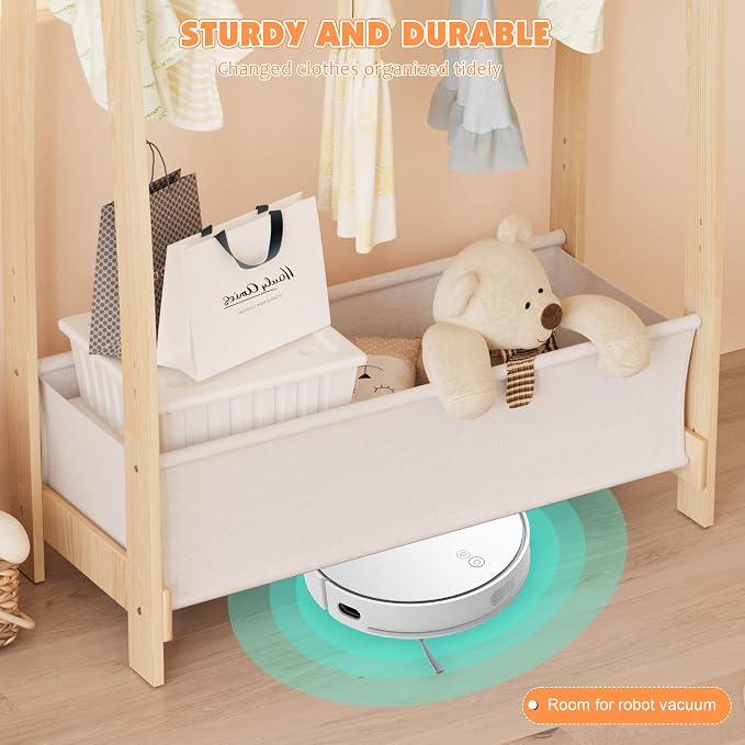 HedoAjim Kids Clothing Rack Dress Up Storage Shelf Closet for Girls Pet Coat Baby Garment Wardrobe Toddler Costume Closet Organizer Hanging Clothes with Double Hanging Rod Wood Nursery