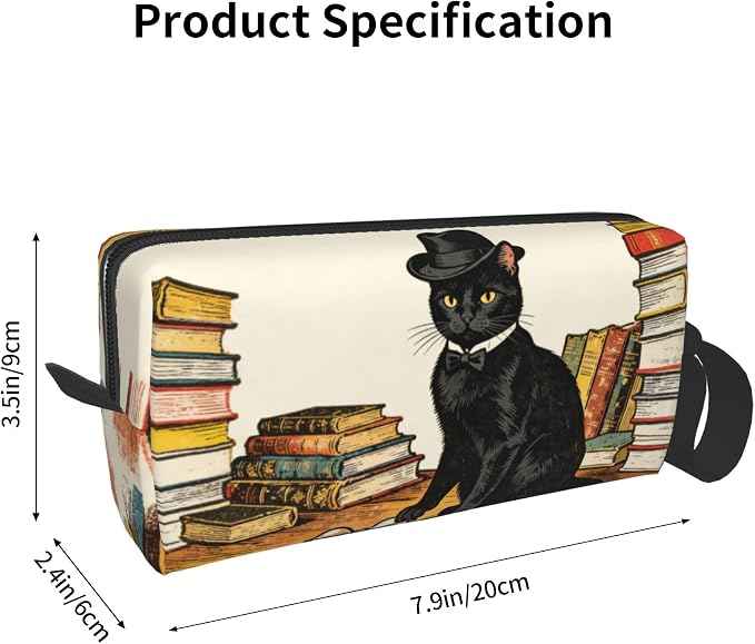 Sophisticated Black Cat Makeup Bag for Women with Wrist Strap | Durable 600D Oxford Fabric Cosmetic Organizer,Compact Travel Pouch with Handle for Gym & Daily Use