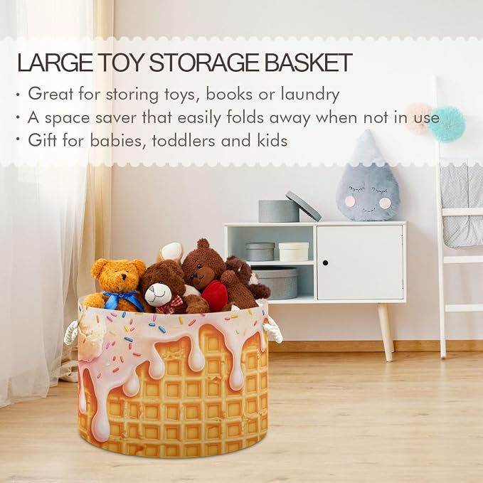 DOMIKING Large Storage Basket for Toys Icecream Waffle Yellow Storage Bin Box Organizer Basket for Nursery Laundry Hamper Books Home Decor