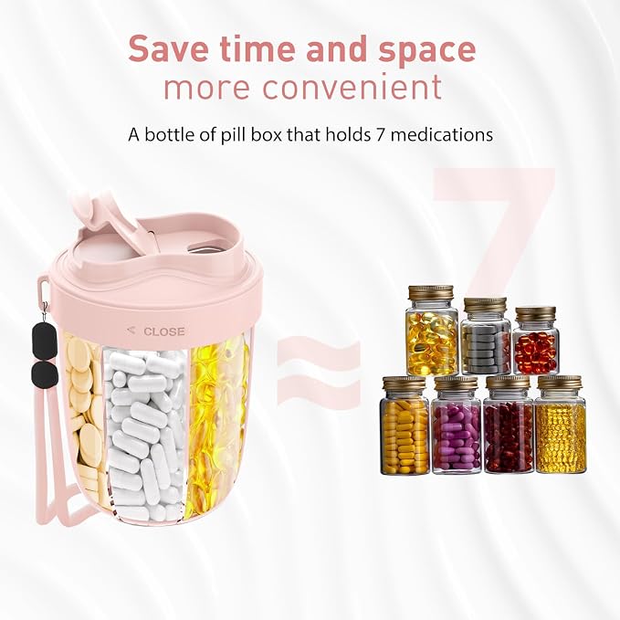 Pill Dispenser with 7 Large Compartments - Portable Pill Organizer for Travel