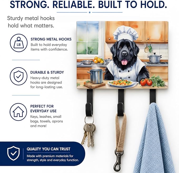 Caroline's Treasures Newfoundland The Chef Leash or Key Holder Wall Hooks, Key Hooks Holder, Coat Rack Wall Mount, Coat Hooks, Hooks for Hanging Keys, Towels, Aprons, Leashes | Newfoundland The Chef artwork on ceramic tile with three steel hooks for ke...